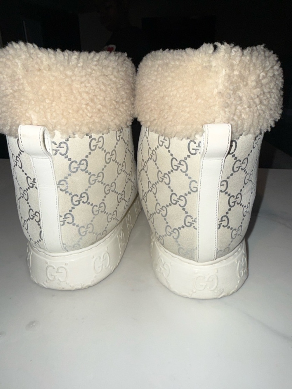 Gucci Cream GG Canvas Shearling Cuffed Ankle Boots - Picture 6 of 8